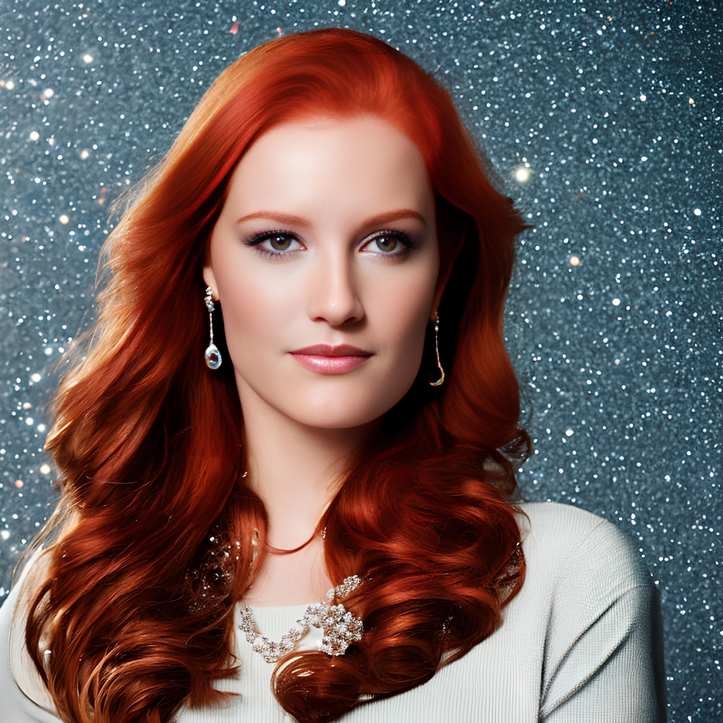 Red-haired woman in white outfit on blue sparkly background