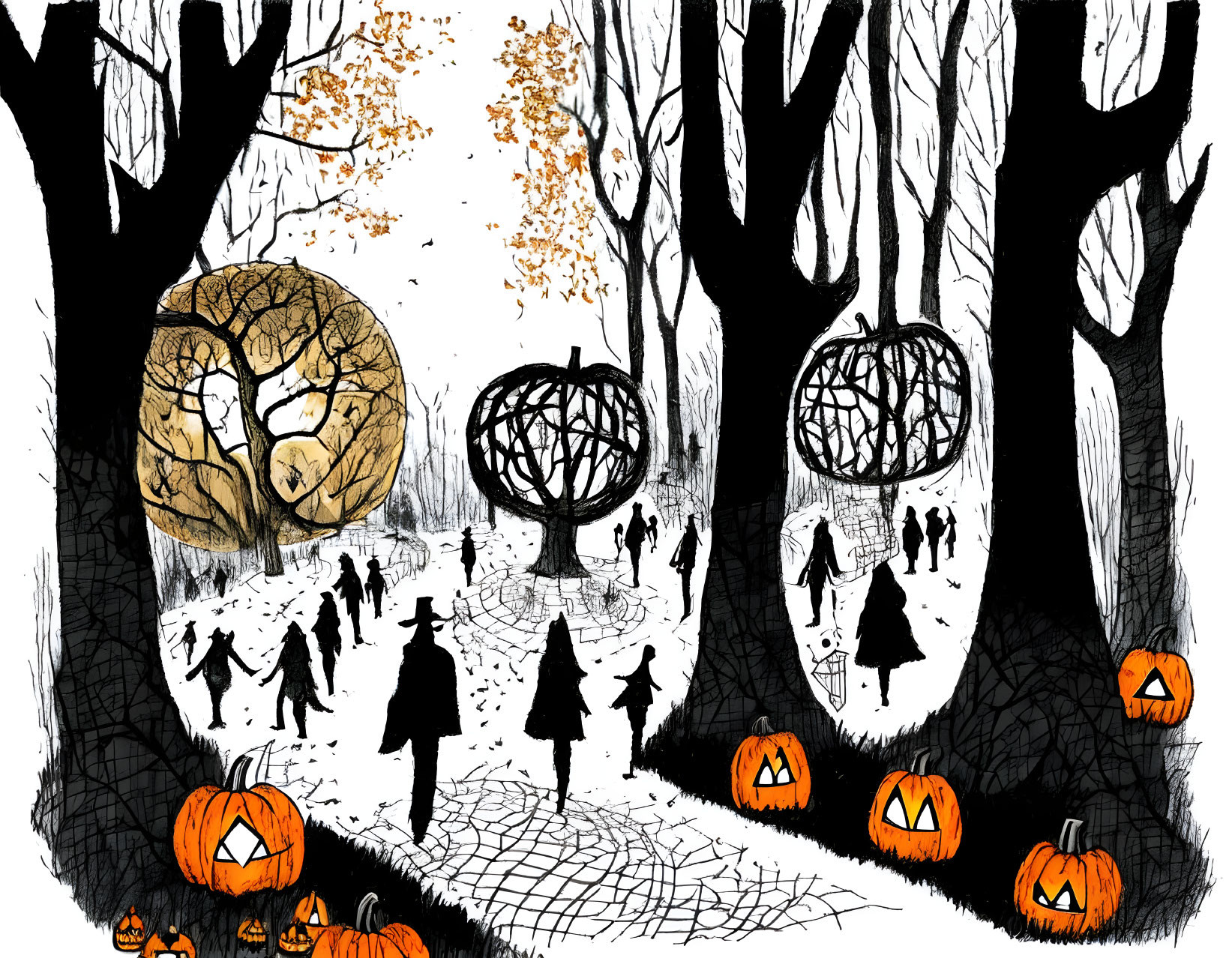 Halloween-themed art: People, pumpkins, sculptures in black and white landscape