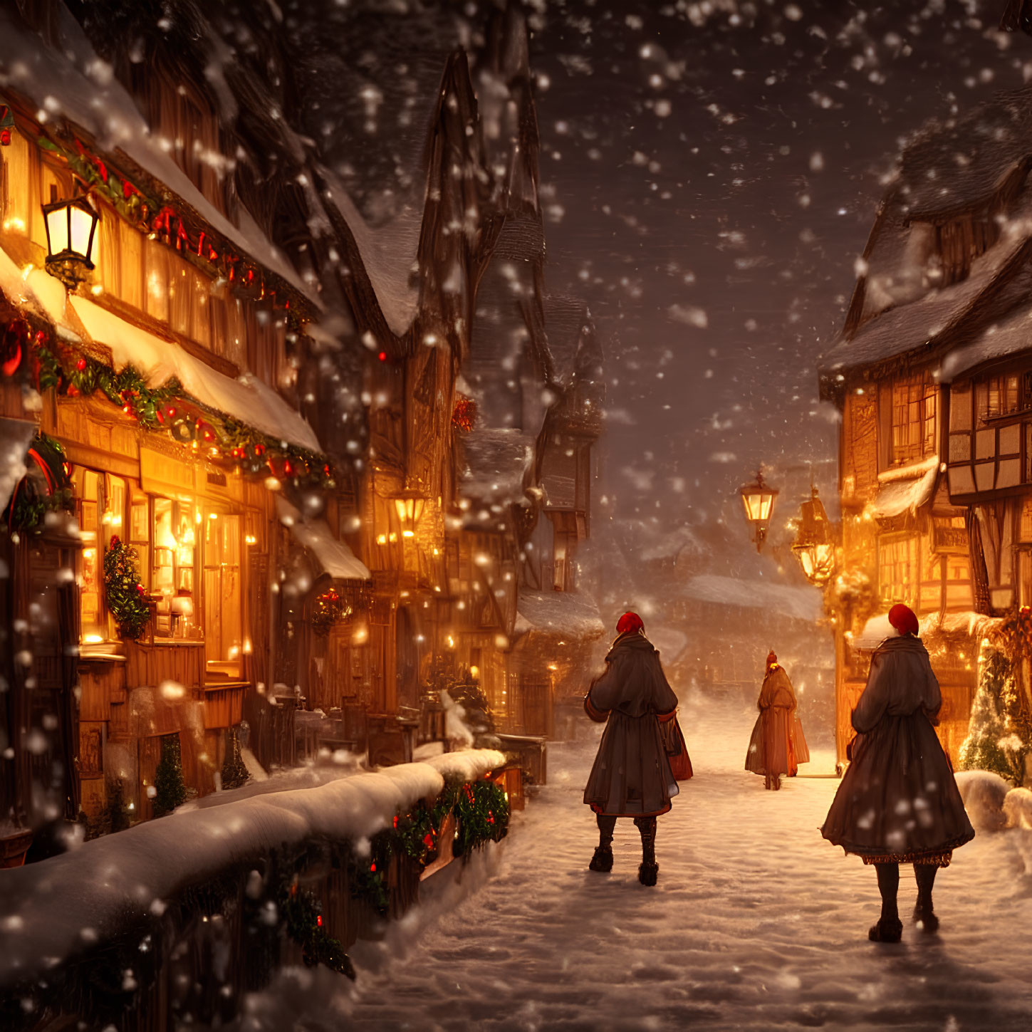 Snowy Evening Scene: People Walking in Charming, Decorated Village