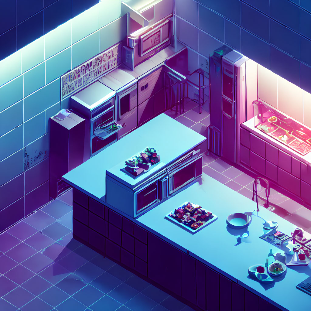 Modern kitchen with neon lighting, cookware, and fruit bowls