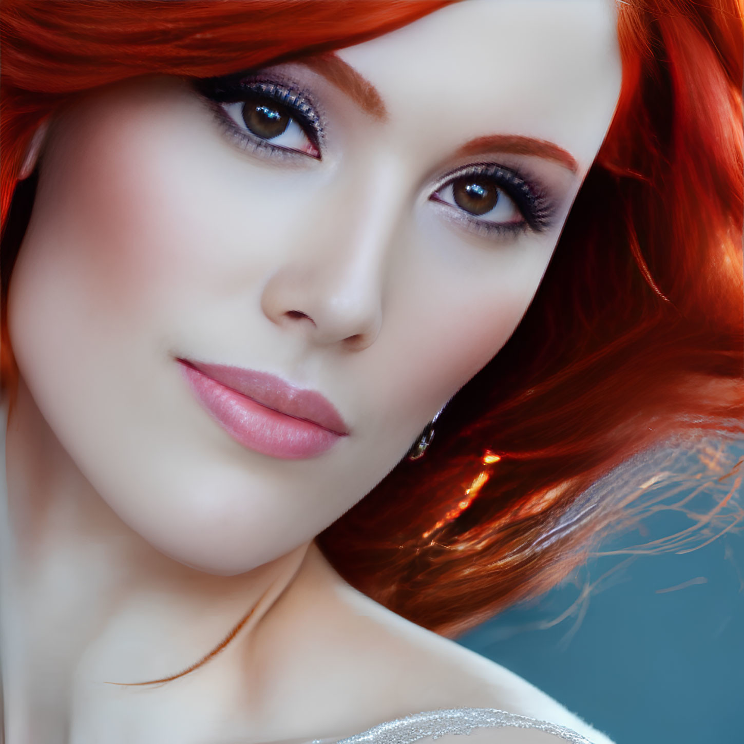 Vibrant red-haired woman with blue eyes and purple eyeshadow portrait