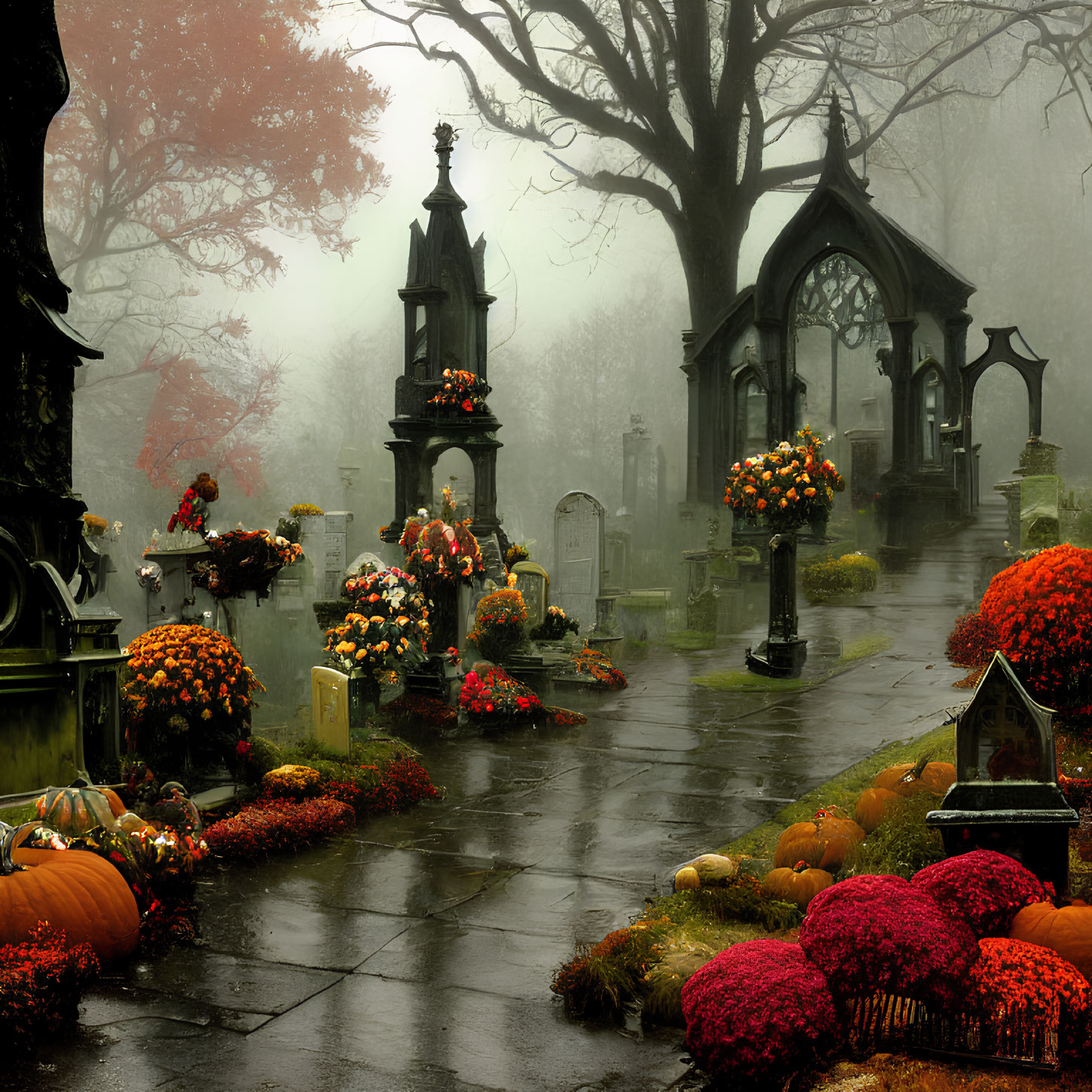 Misty cemetery with orange and red flowers, pumpkins, stone monuments, and fog.