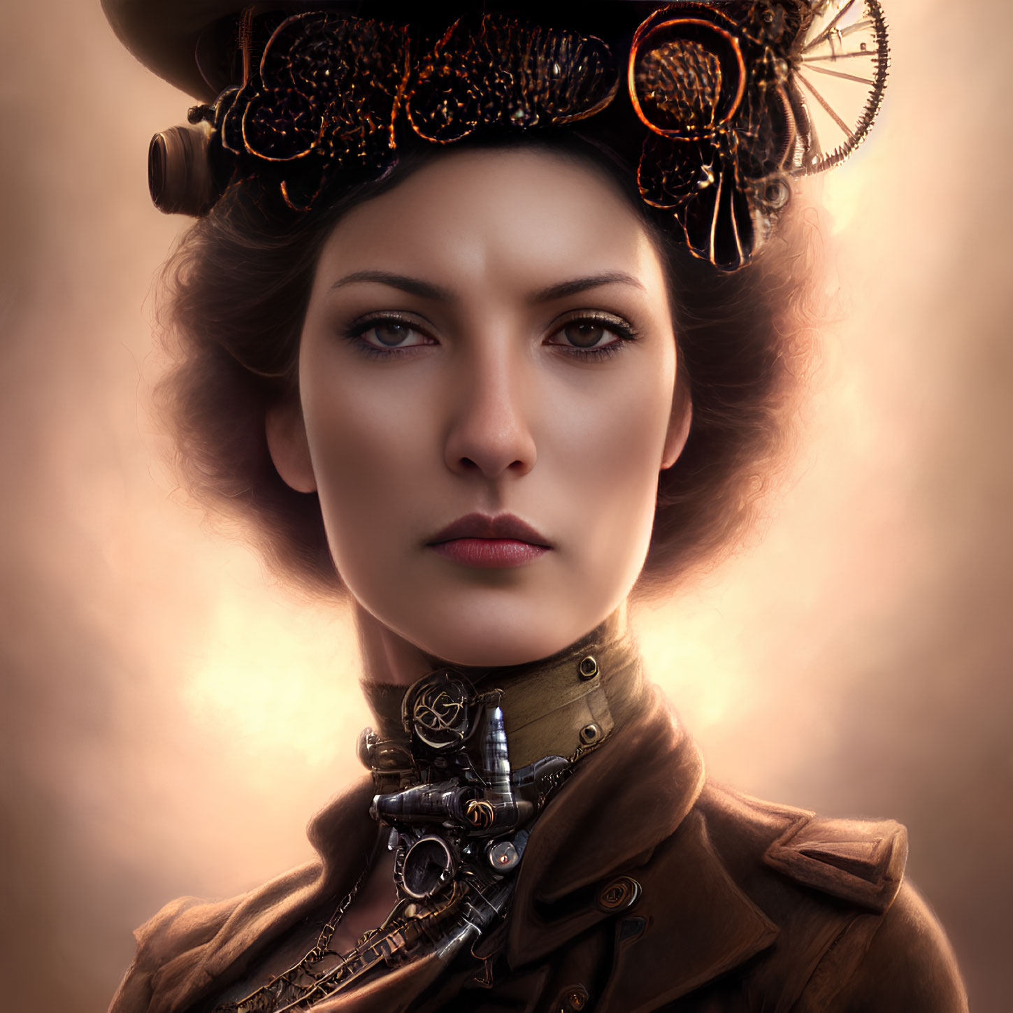 Steampunk woman in intricate gear headgear and goggles