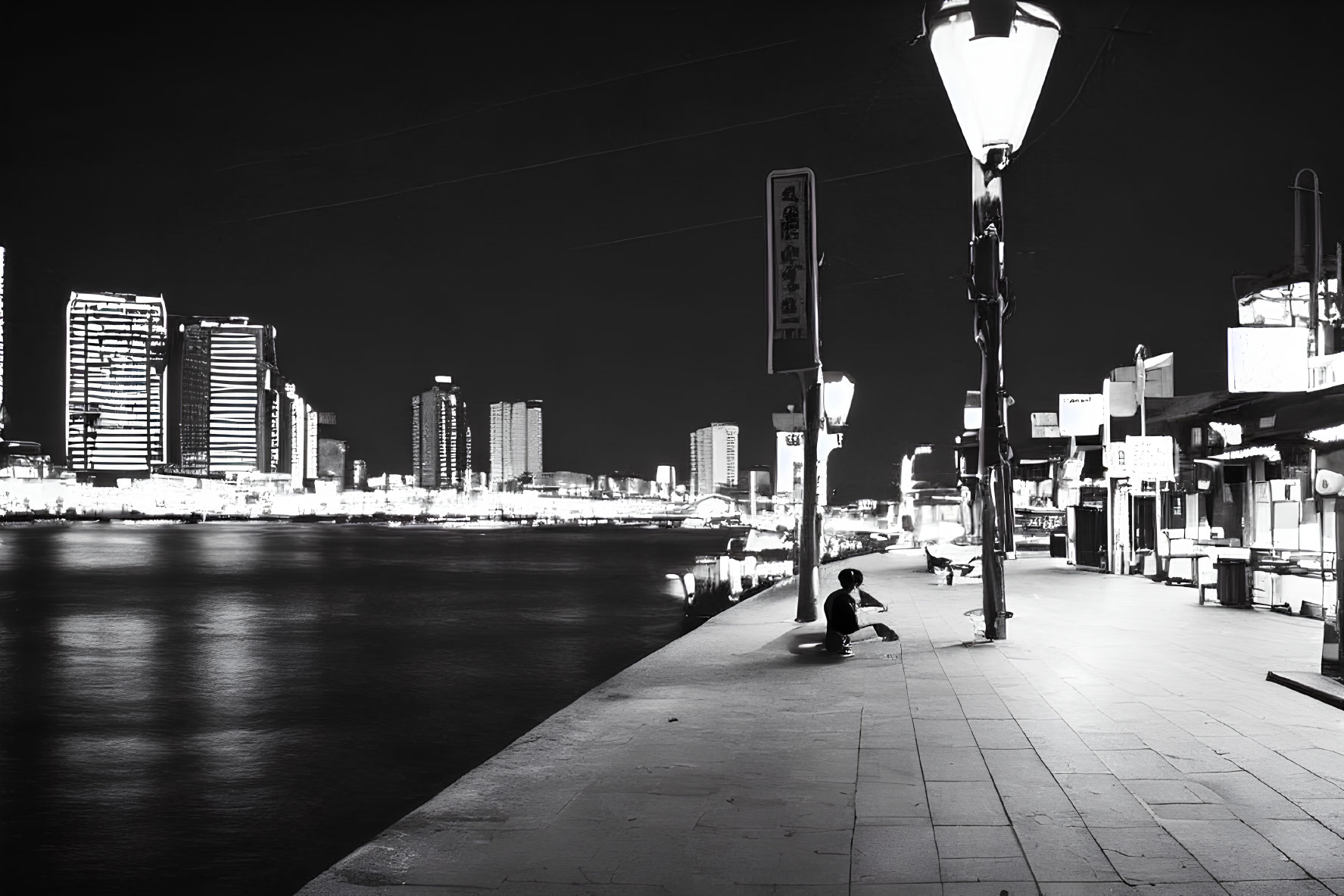 Nighttime Monochrome Cityscape with Illuminated Buildings and Riverfront Promenade