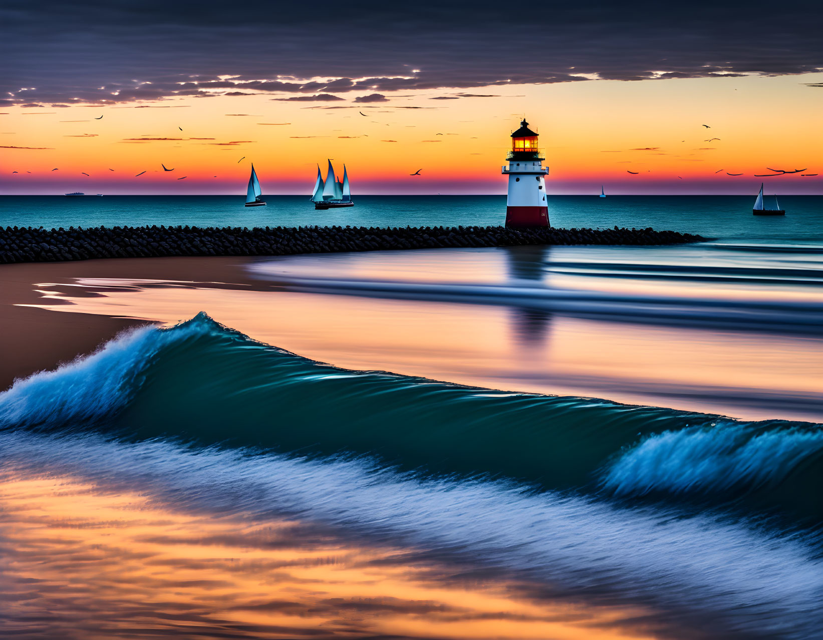 Tranquil sea sunset with lighthouse, birds, sailboats, and silky waves