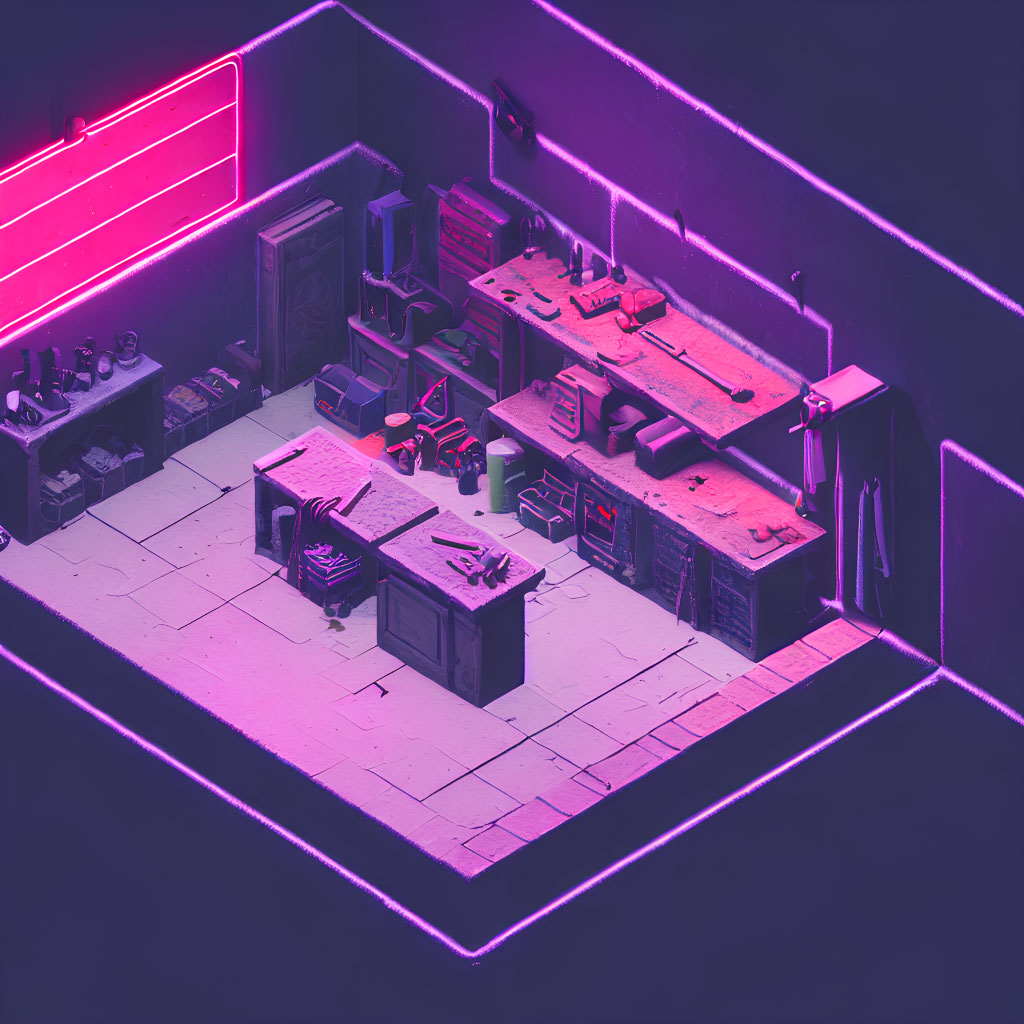 Neon-lit workshop with purple and pink hues showcasing tools and machinery