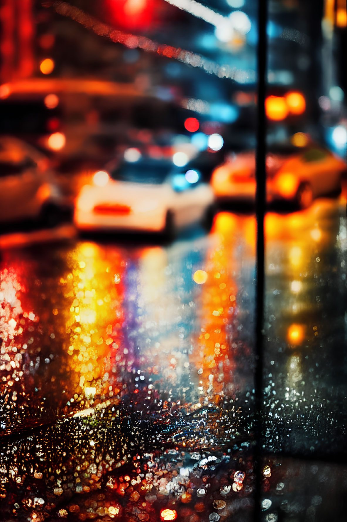 Colorful reflections on rain-soaked night street with blurred cars and vertical line