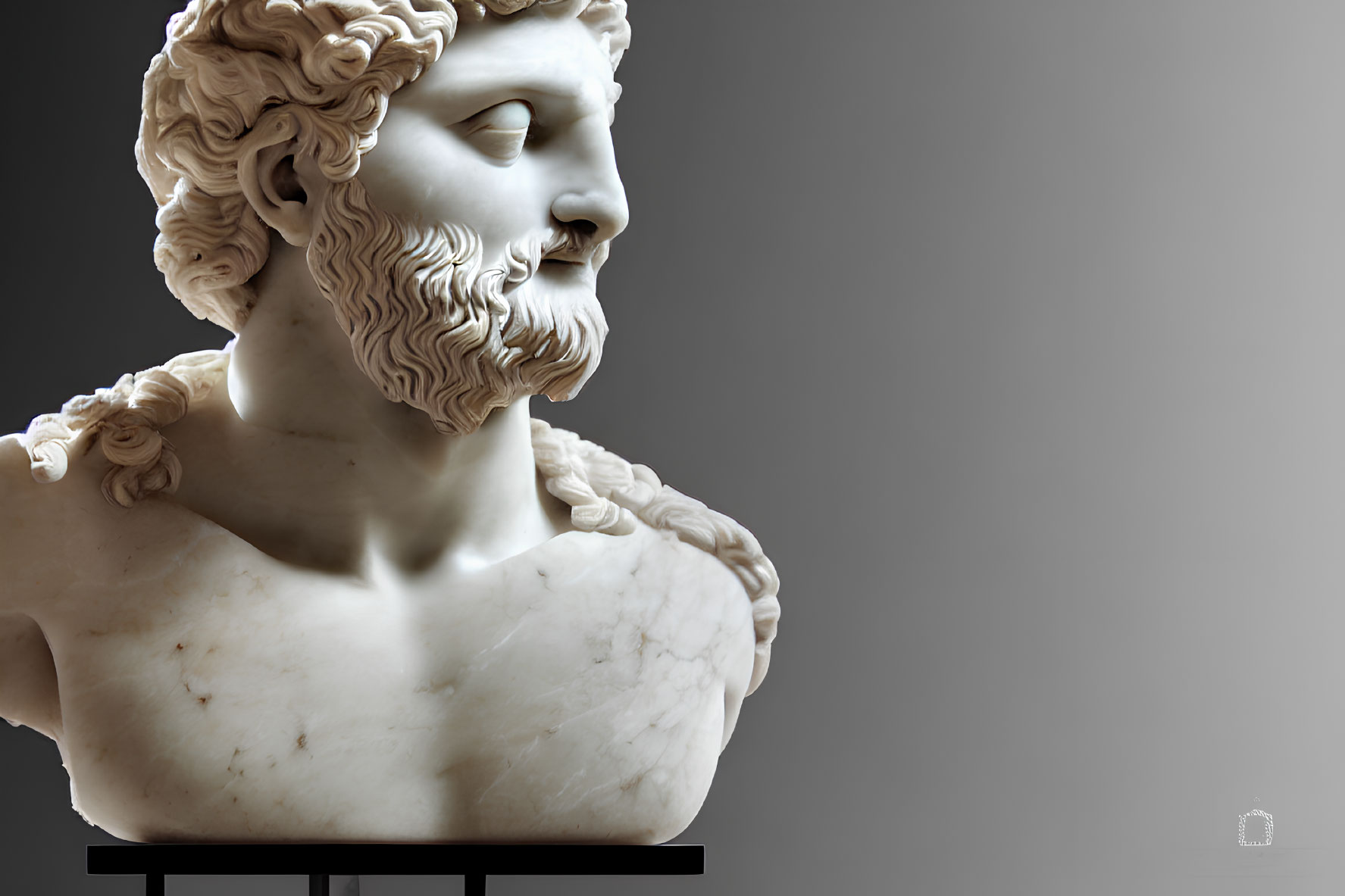 Classical marble statue of serene bearded man with detailed curly hair