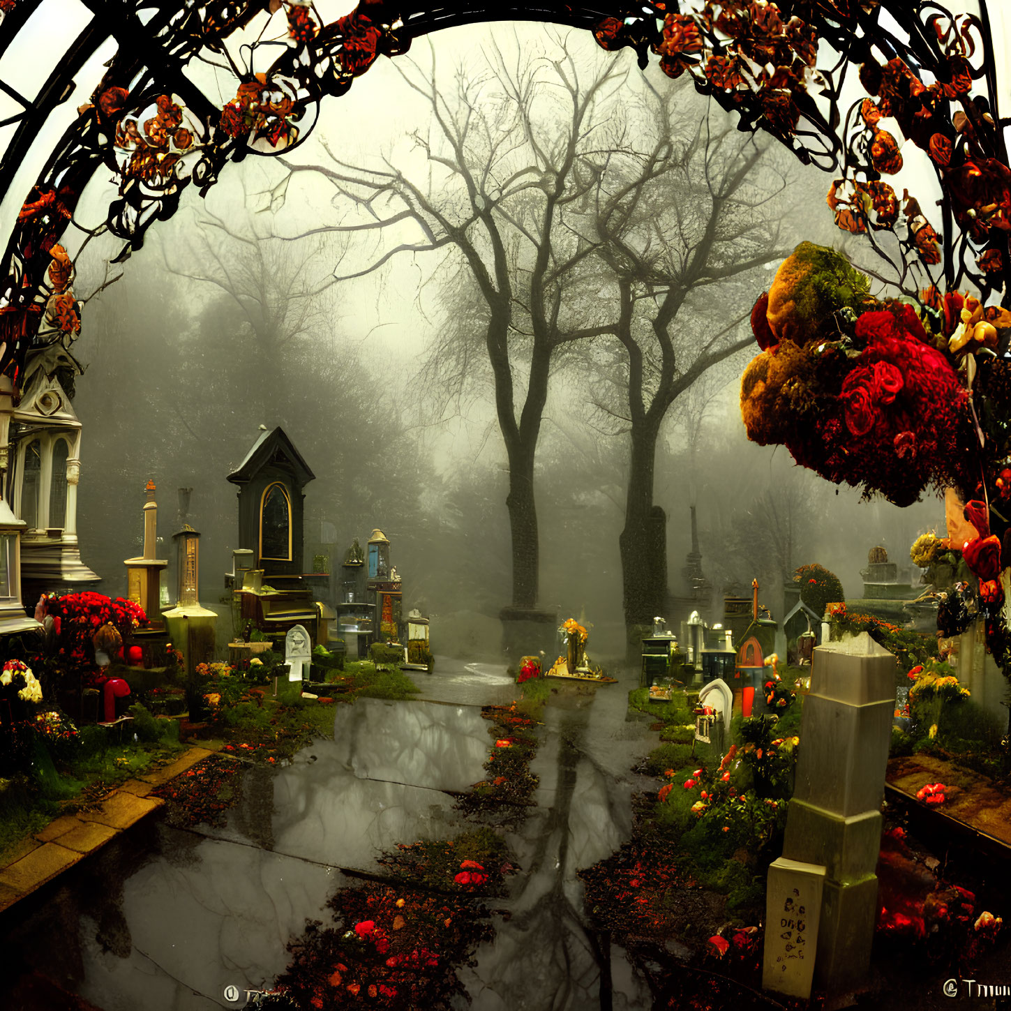 Ethereal graveyard with red roses and towering trees