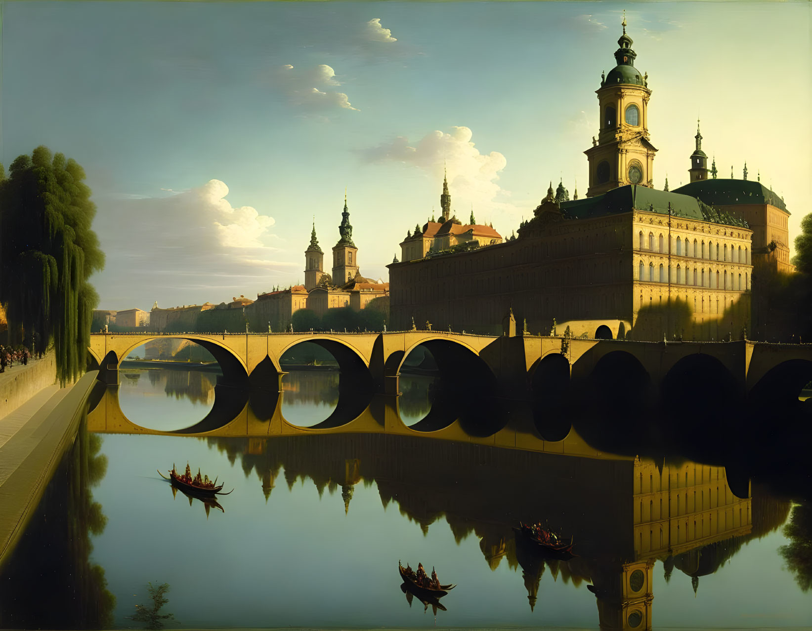 Grand building and bridge reflected in calm water with boats and people