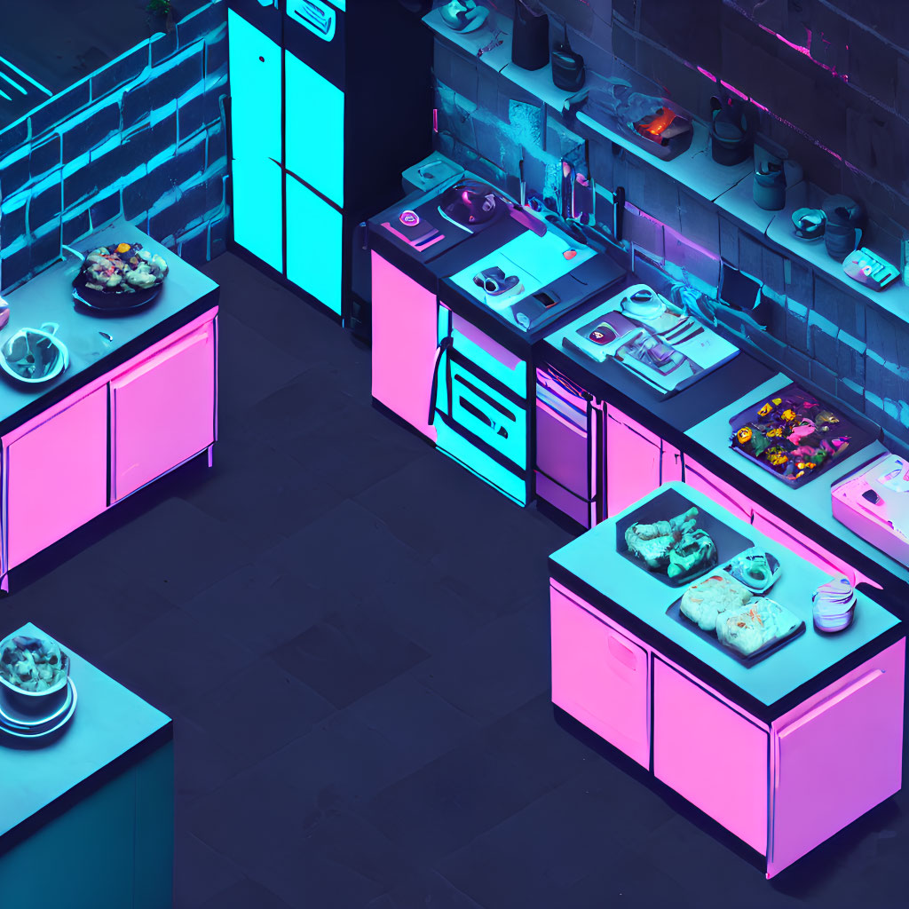 Neon-Lit Kitchen with Pink and Blue Hues and Modern Appliances