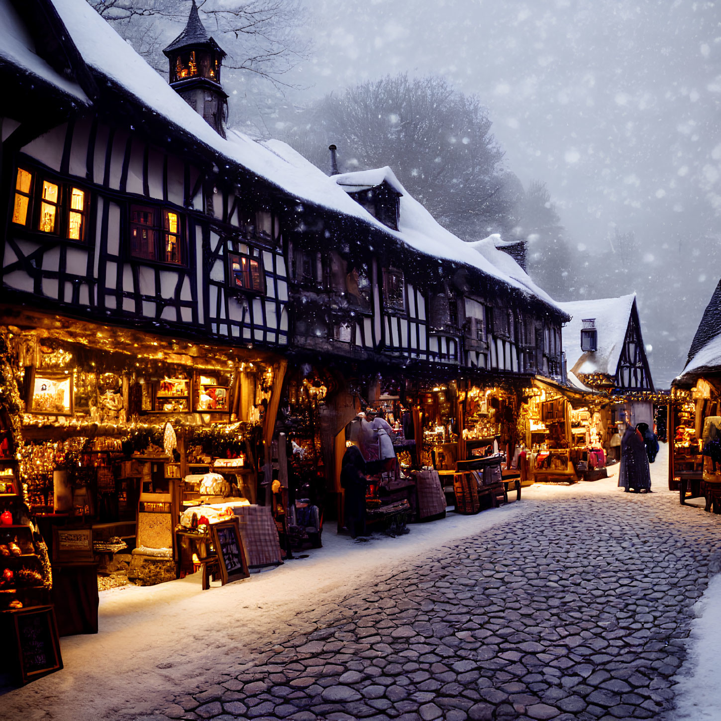 Charming European Village with Christmas Decorations and Snowfall