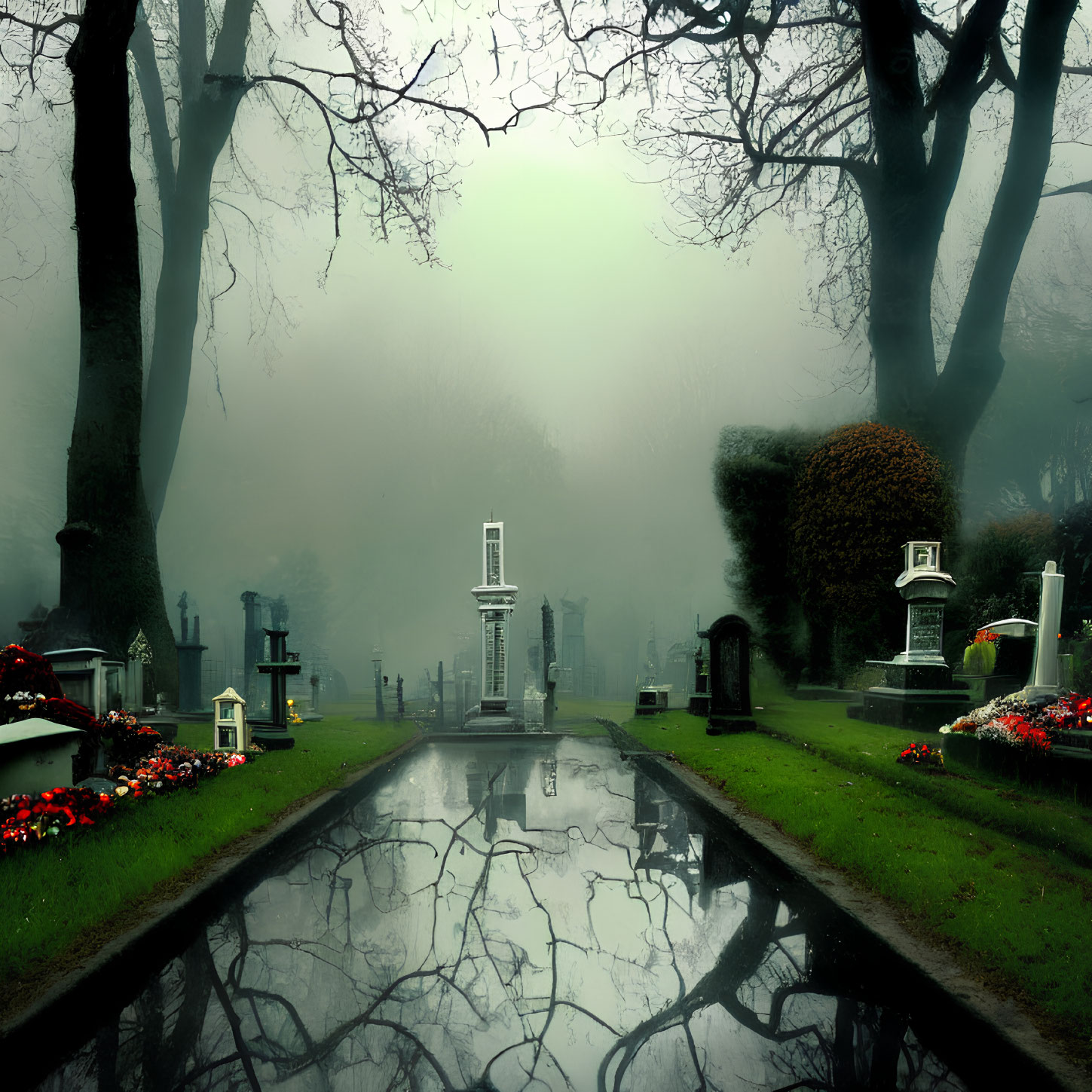 Misty cemetery with wet path, trees, and gravestones in green-tinted ambiance