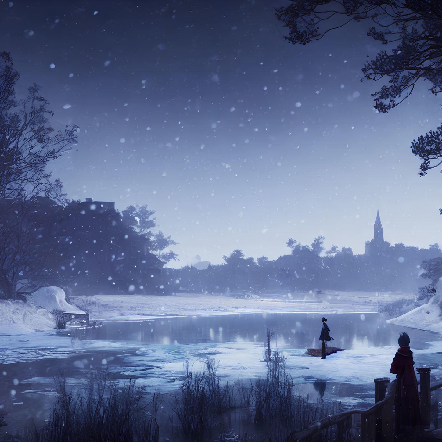 Winter night ice-skating on frozen lake with snow-covered trees & starry sky