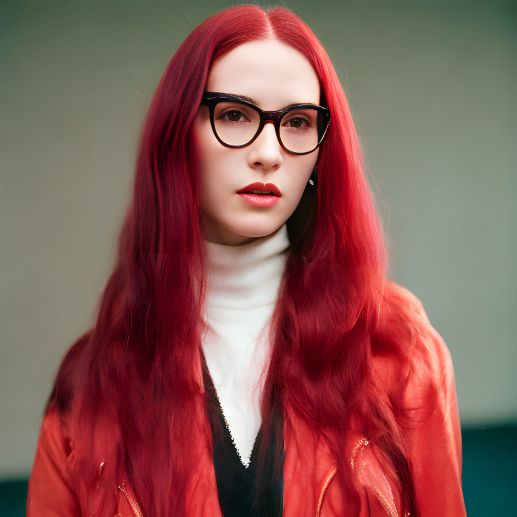 Red-haired woman in white turtleneck and red leather jacket against grey background