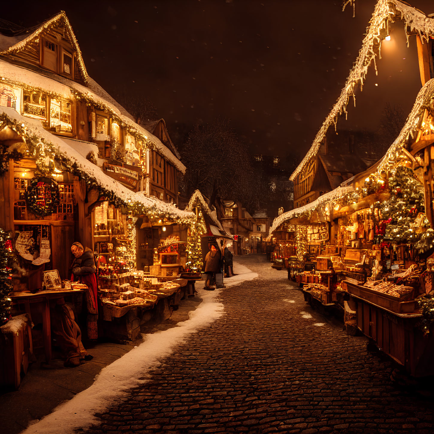 Festive holiday market on snowy cobblestone street