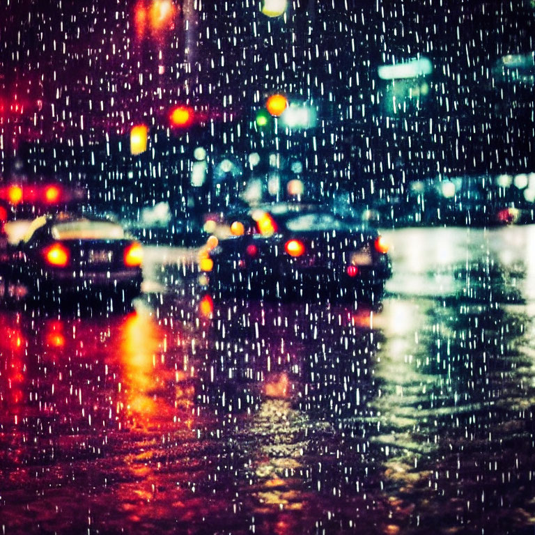 Urban scene: Rainy night with illuminated raindrops, blurred vehicles, and colorful city lights.