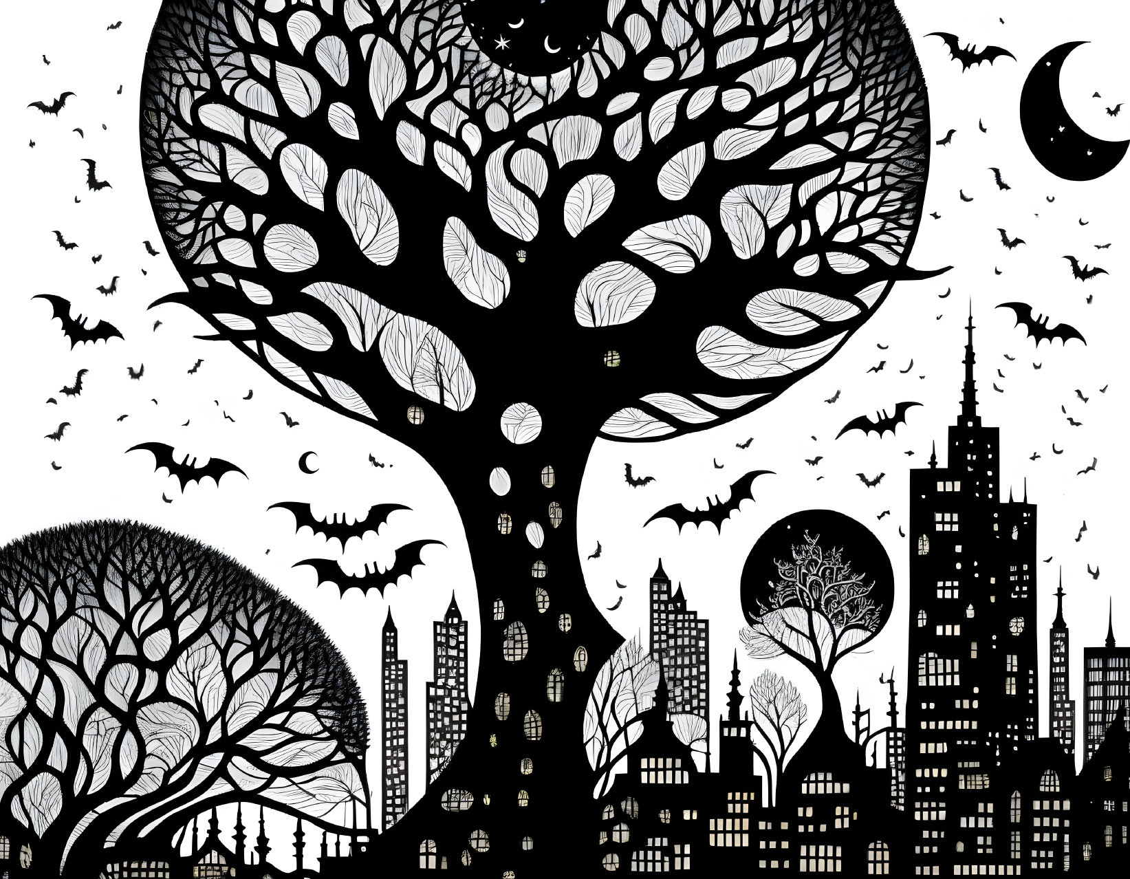 Monochromatic whimsical silhouette illustration with trees, bats, moon, and city skyline