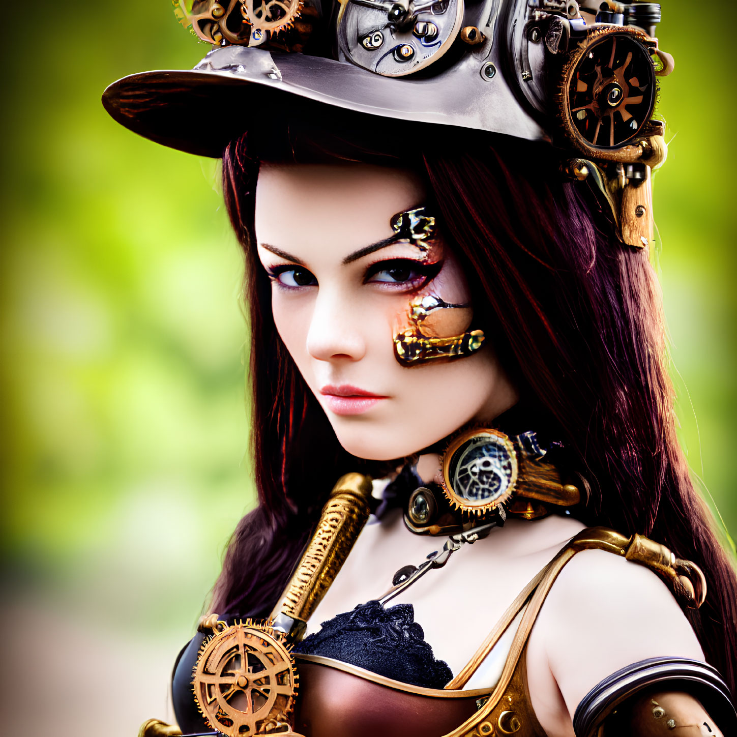 Steampunk-themed woman with gear accessories and mechanical eye patch in front of green backdrop