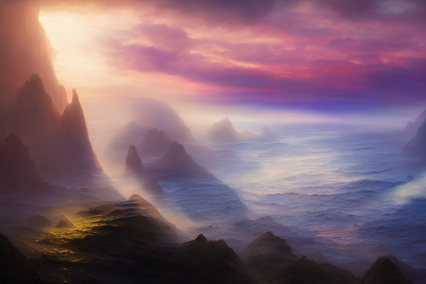 Scenic sunset over misty ocean with towering cliffs.