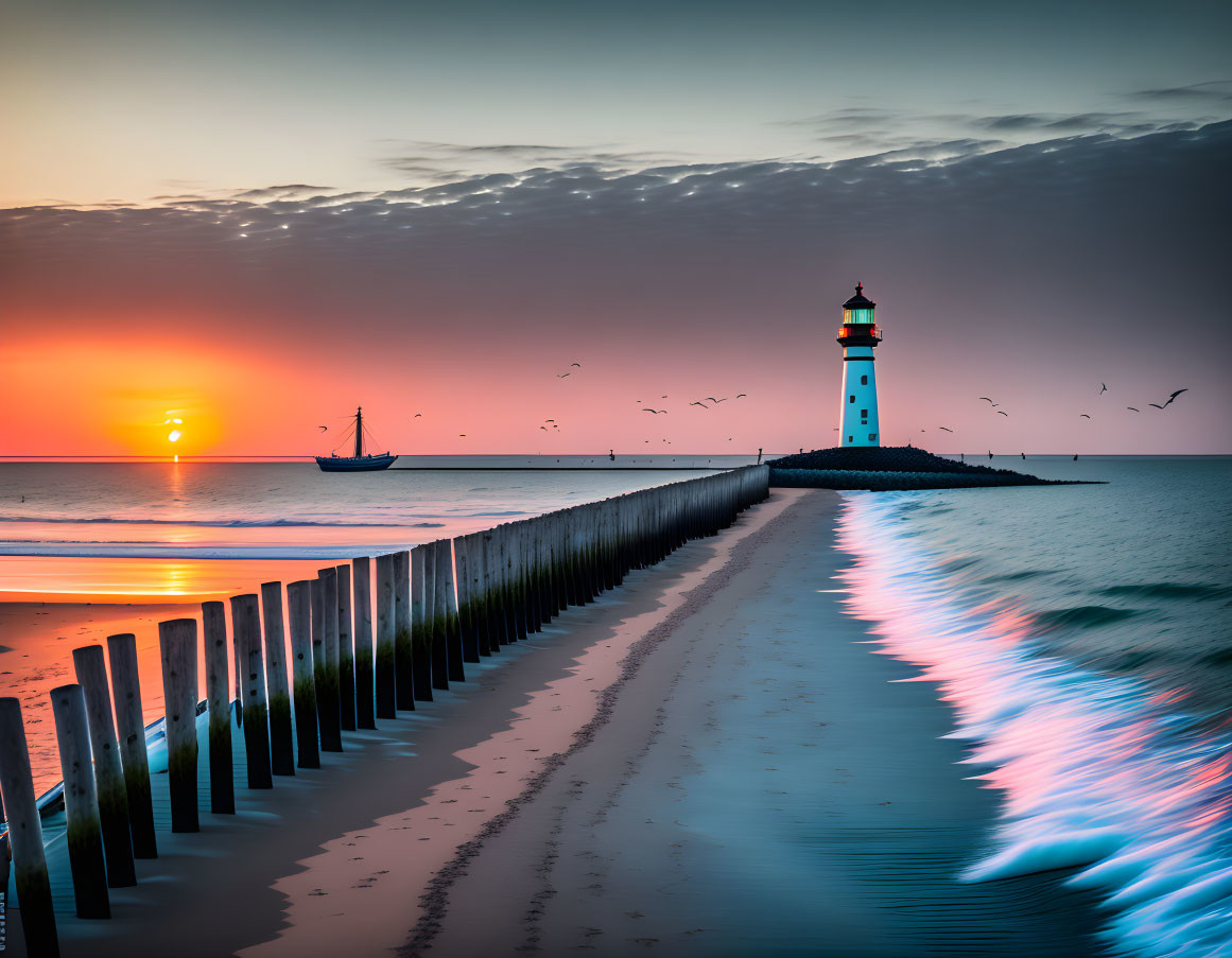 Tranquil beach sunset with lighthouse, birds, boat, and wooden fence