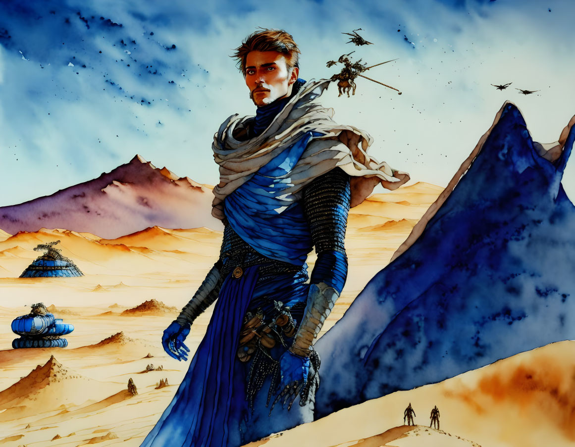 Futuristic illustration of a man in blue outfit in desert with flying vehicles and travelers under starry