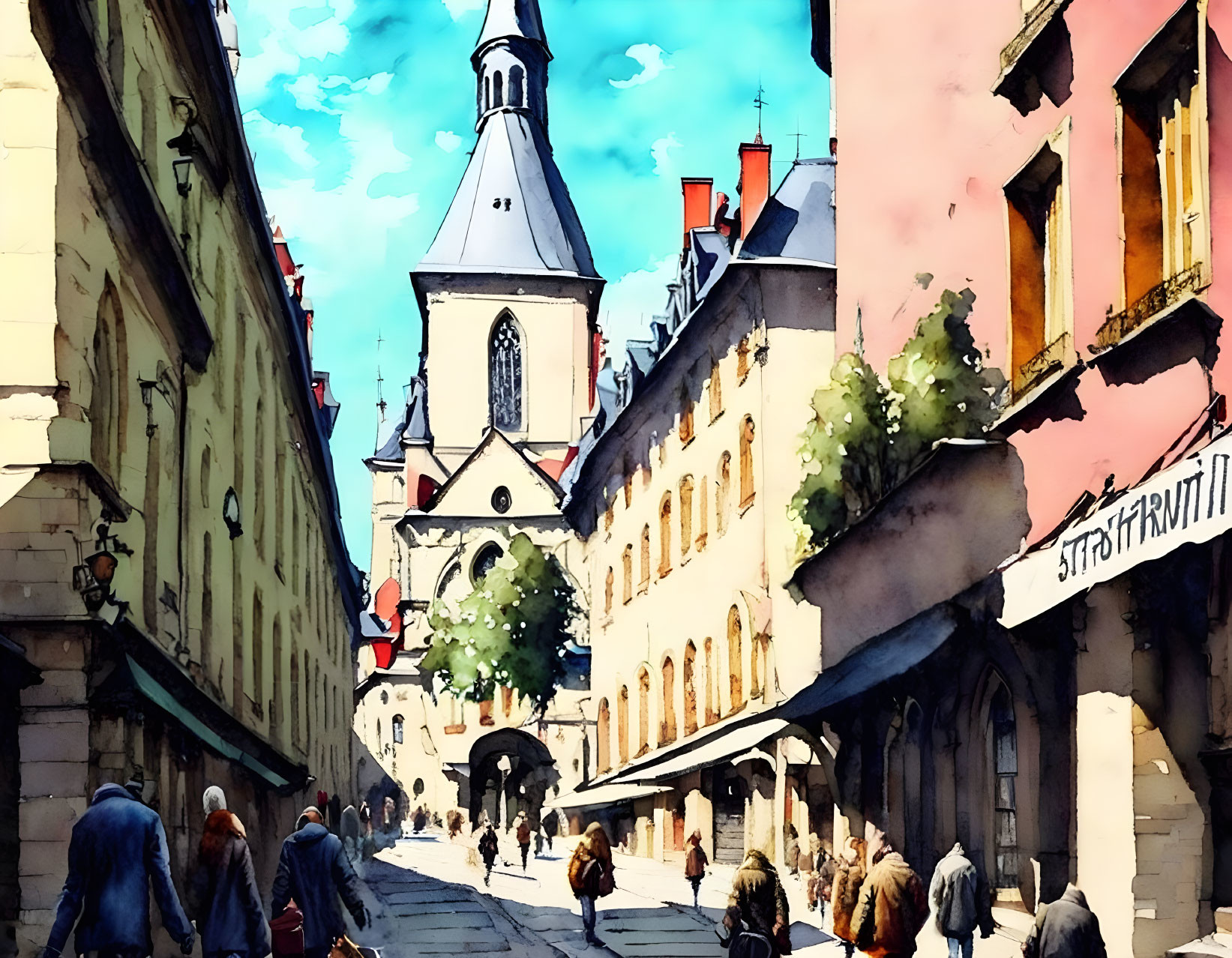 Vibrant Watercolor Painting of European Street Scene