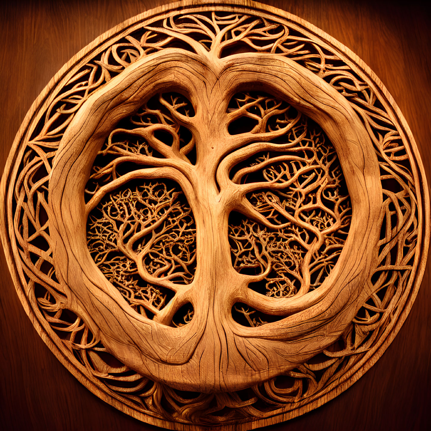 Circular Frame Wooden Tree Carving with Elaborate Branches