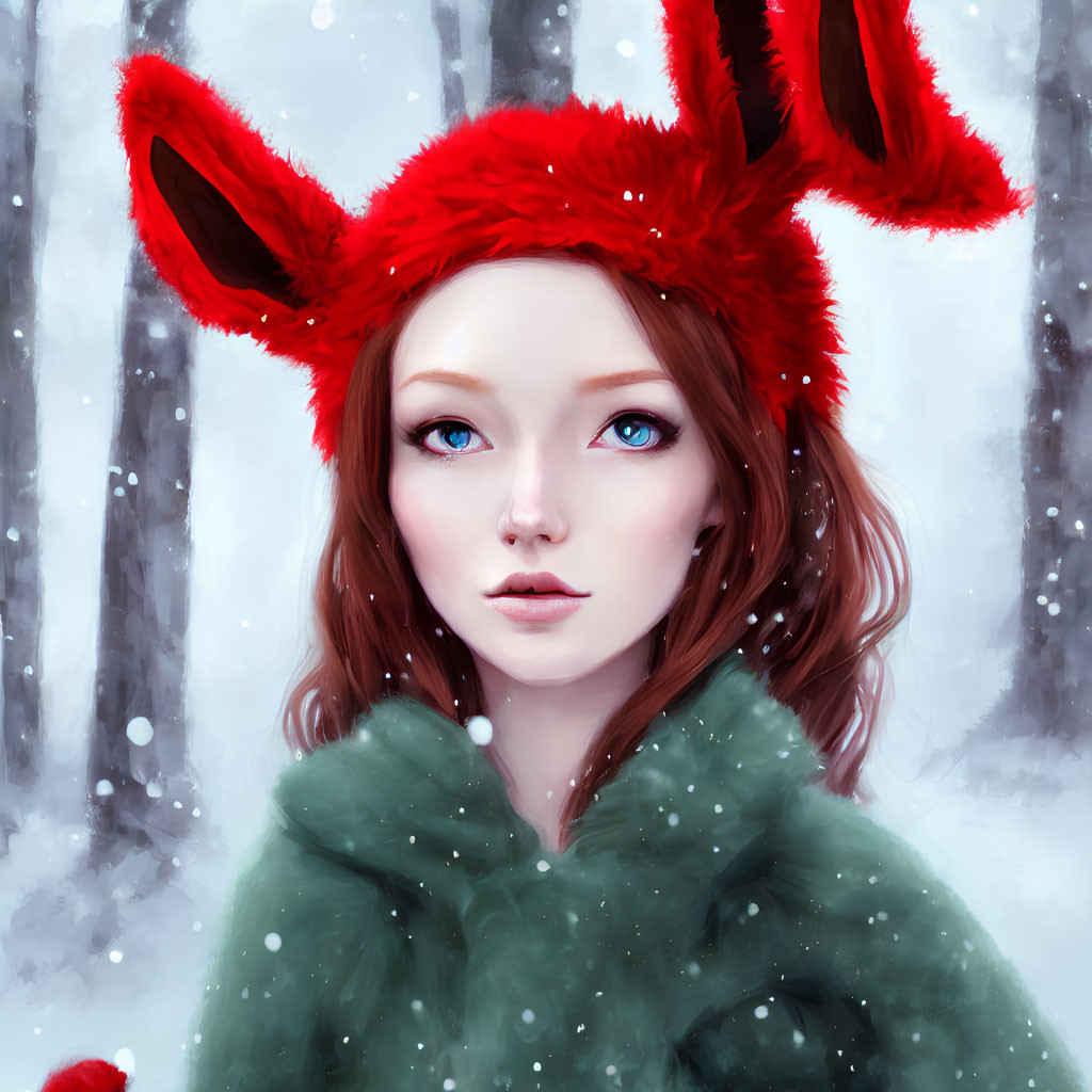 Digital painting of young woman in red bunny hat against snowy forest.