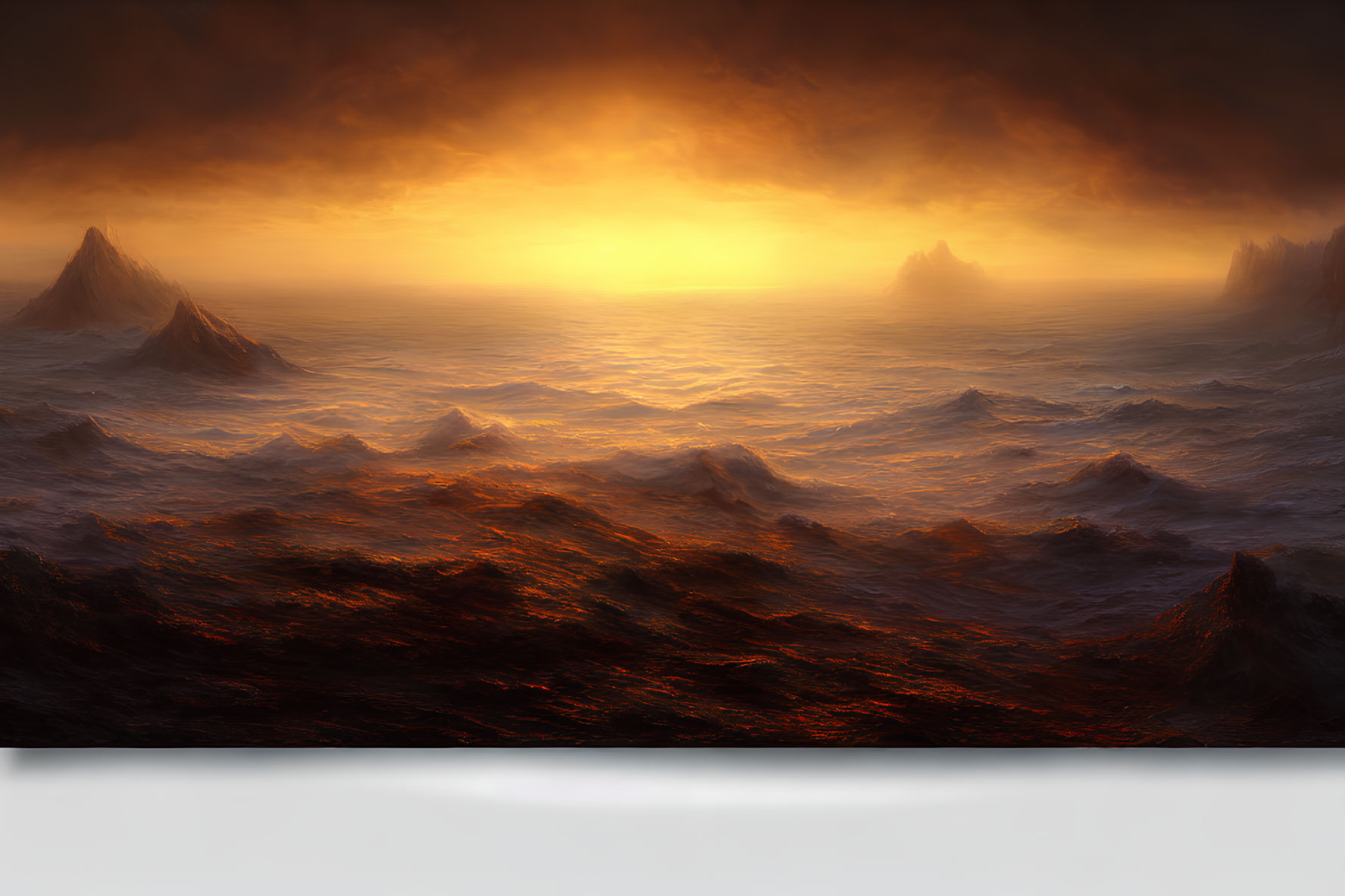 Vivid sunset over tumultuous sea with orange waves and dark peaks