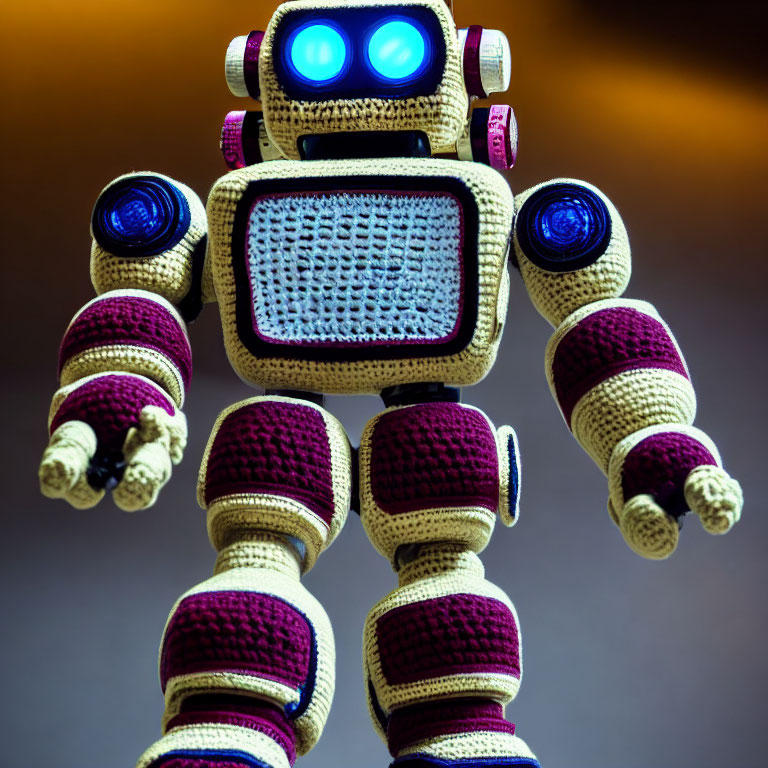 Colorful Knitted Robot with Crochet Texture on Gradient Background