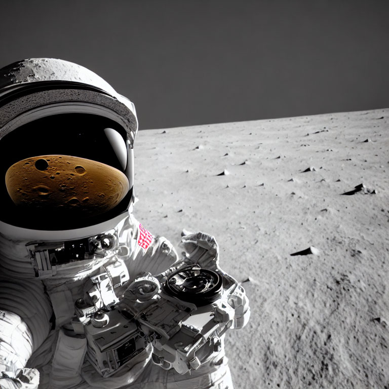 Astronaut in spacesuit on lunar surface with Earth in sky