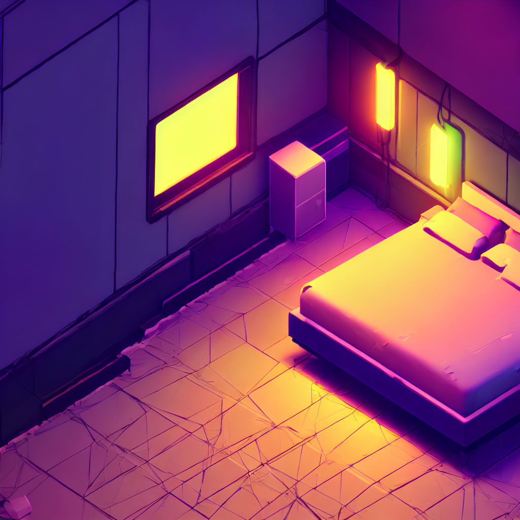 Neon-lit room with purple walls, white bed, glowing panels, and tiled floor.