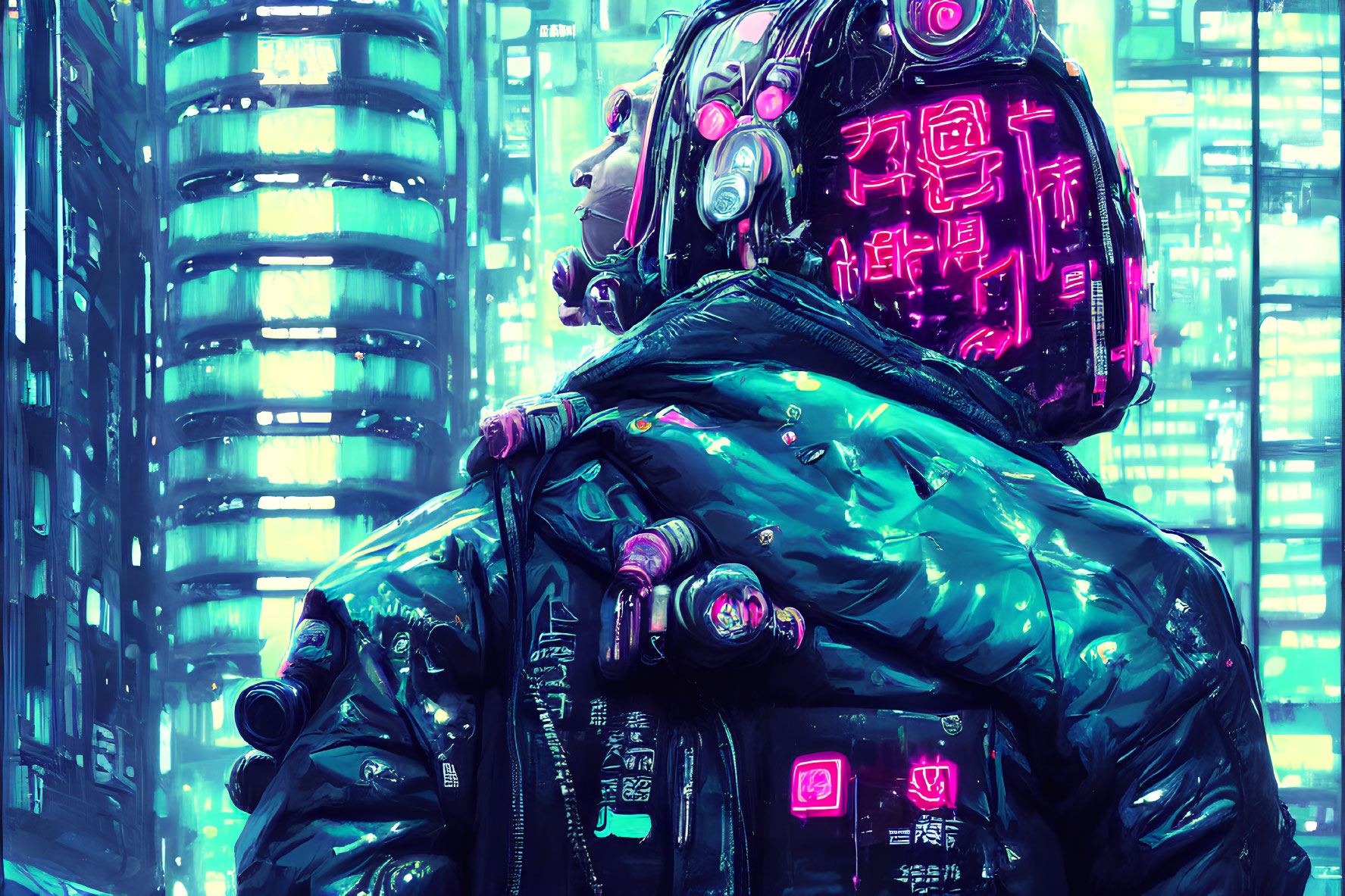 Futuristic helmet with neon Asian characters in cyberpunk cityscape