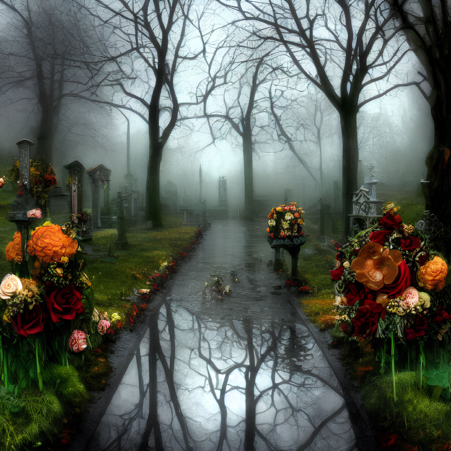 Foggy cemetery with rose-adorned graves and bare trees