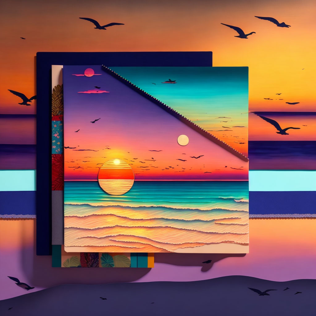 Layered Surreal Beach Sunset Artwork with Birds and Textures