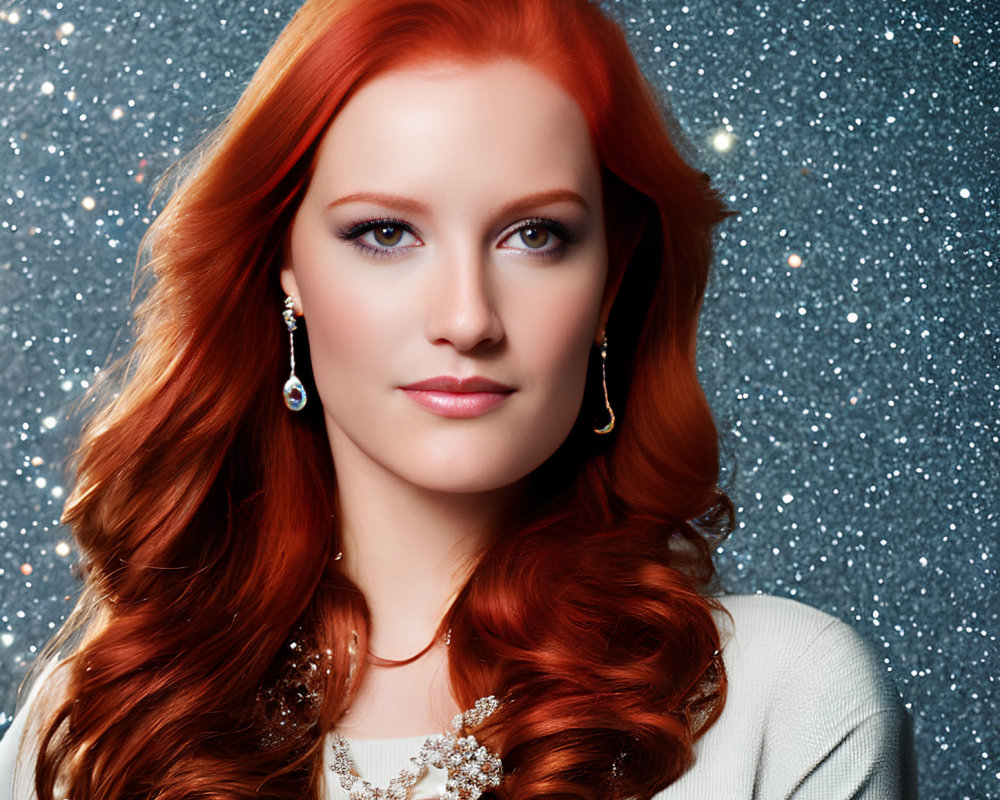 Red-haired woman in white outfit on blue sparkly background