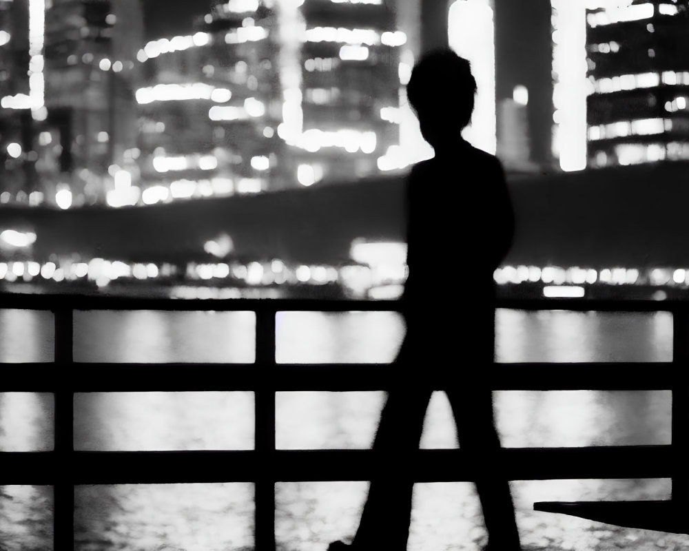 Cityscape silhouette at night with person, water reflections.