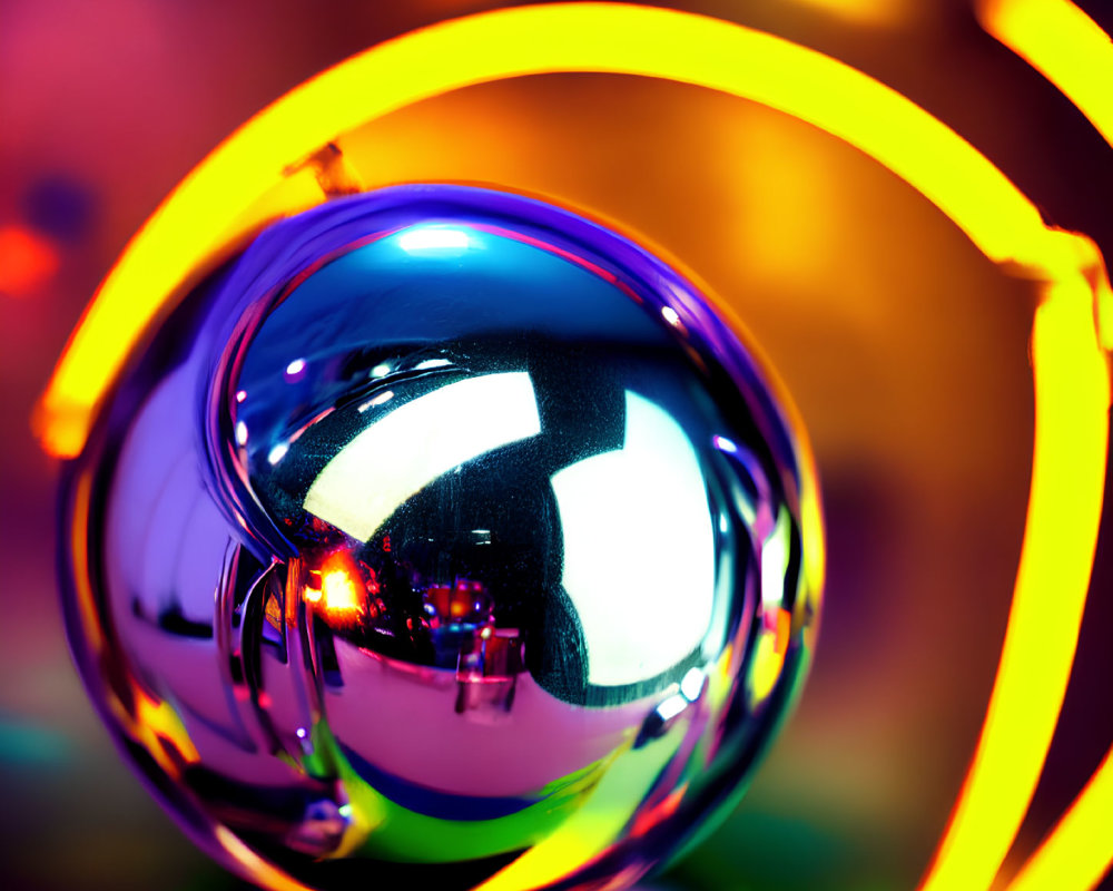 Reflective glass sphere against vibrant purple, blue, and orange background