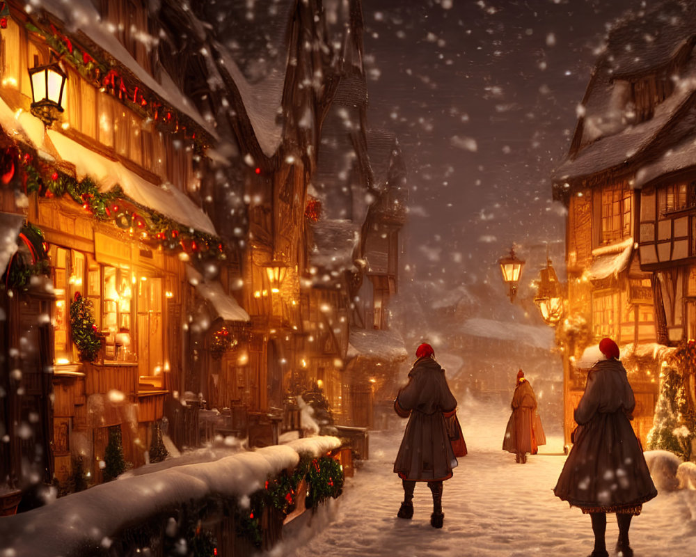 Snowy Evening Scene: People Walking in Charming, Decorated Village