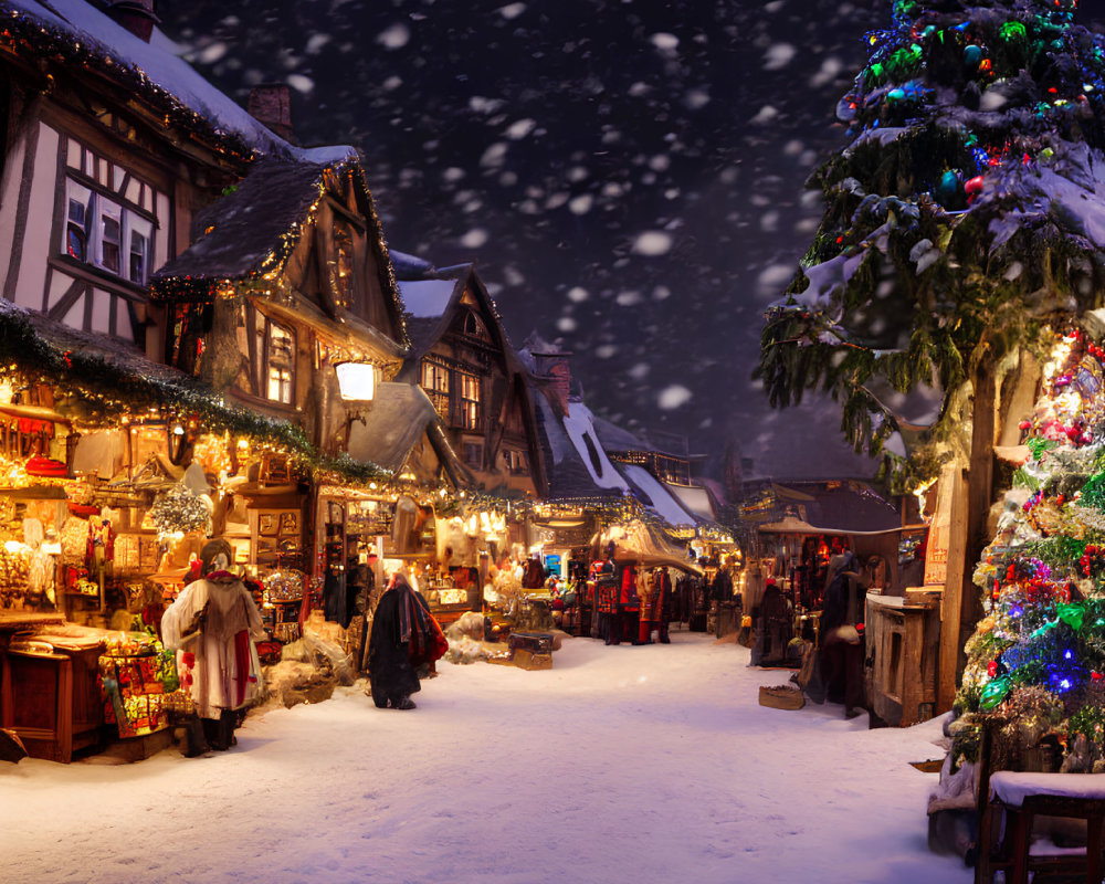 Charming Christmas Market at Night with Snow and Lit Tree