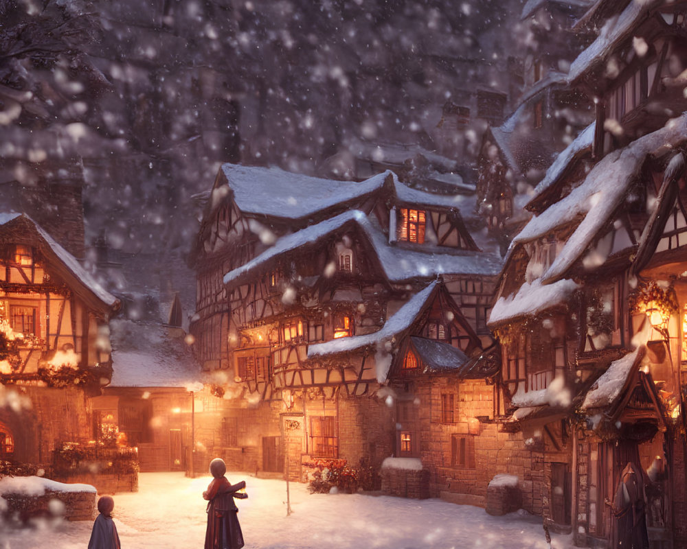 Snowy Evening Scene: Quaint Village with Half-Timbered Houses