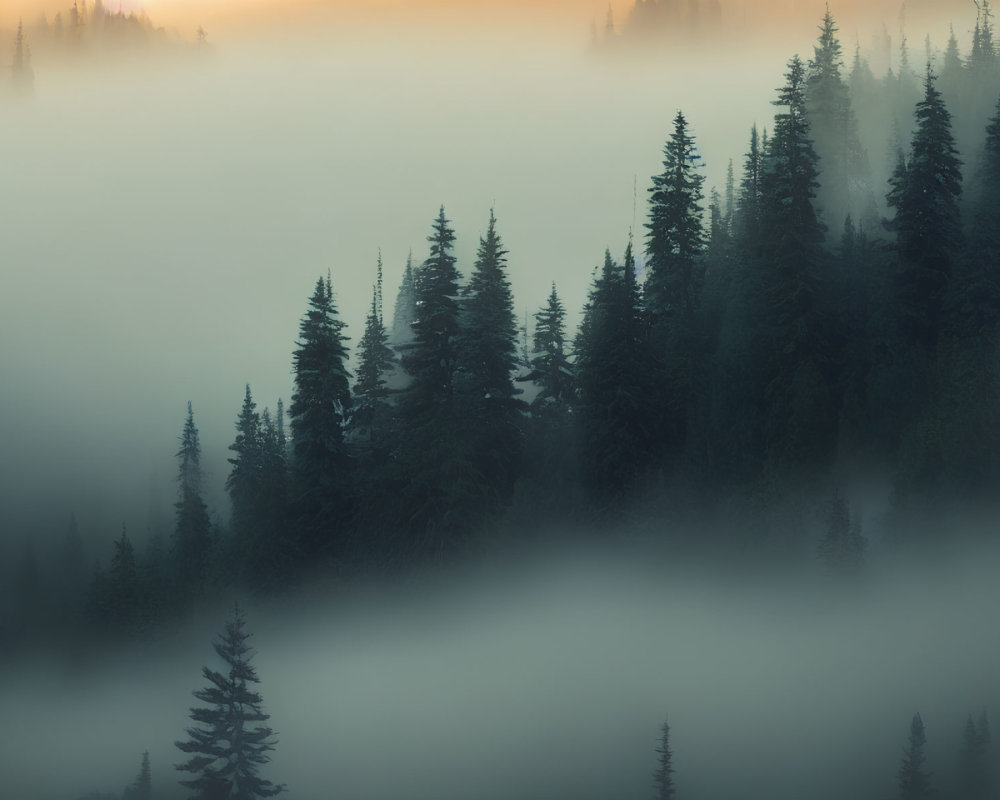 Majestic Evergreen Trees in Misty Sunrise