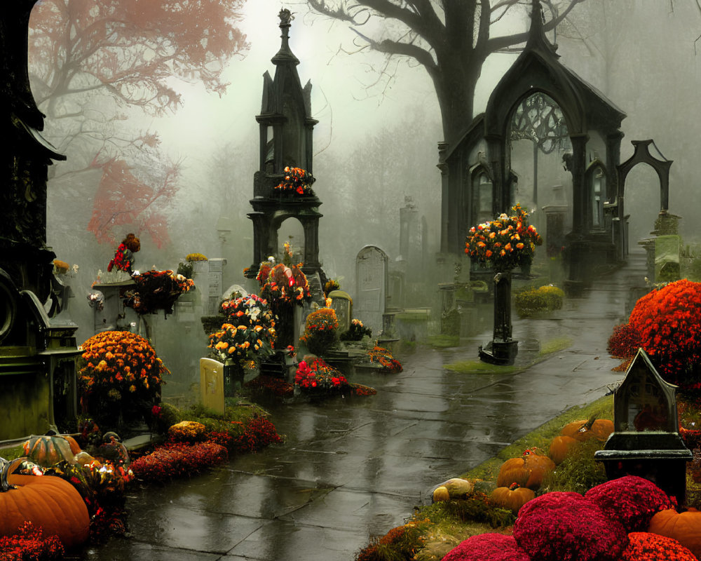 Misty cemetery with orange and red flowers, pumpkins, stone monuments, and fog.