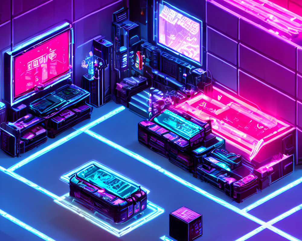 Futuristic cyberpunk room with neon-lit consoles and screens