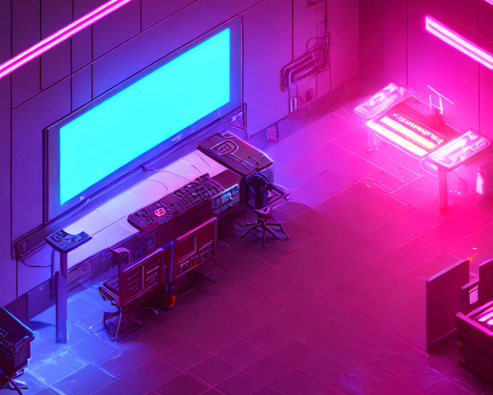 Futuristic Cyberpunk-Style Room with Neon Lighting