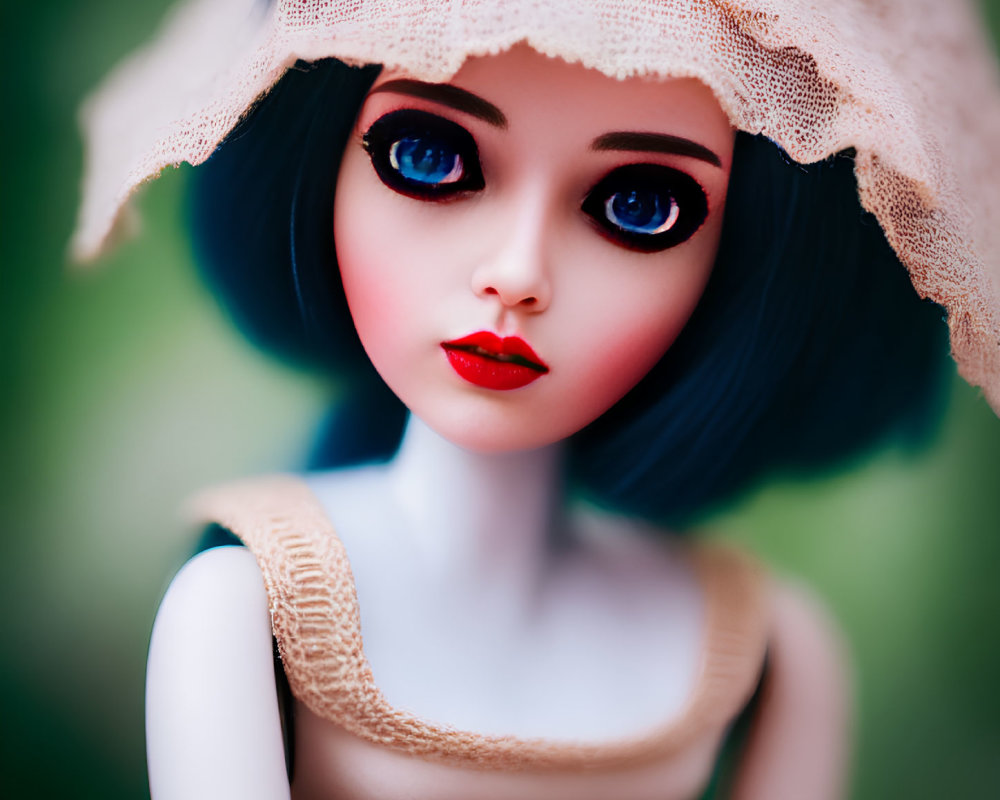 Blue-eyed doll with short blue hair in beige dress and hat