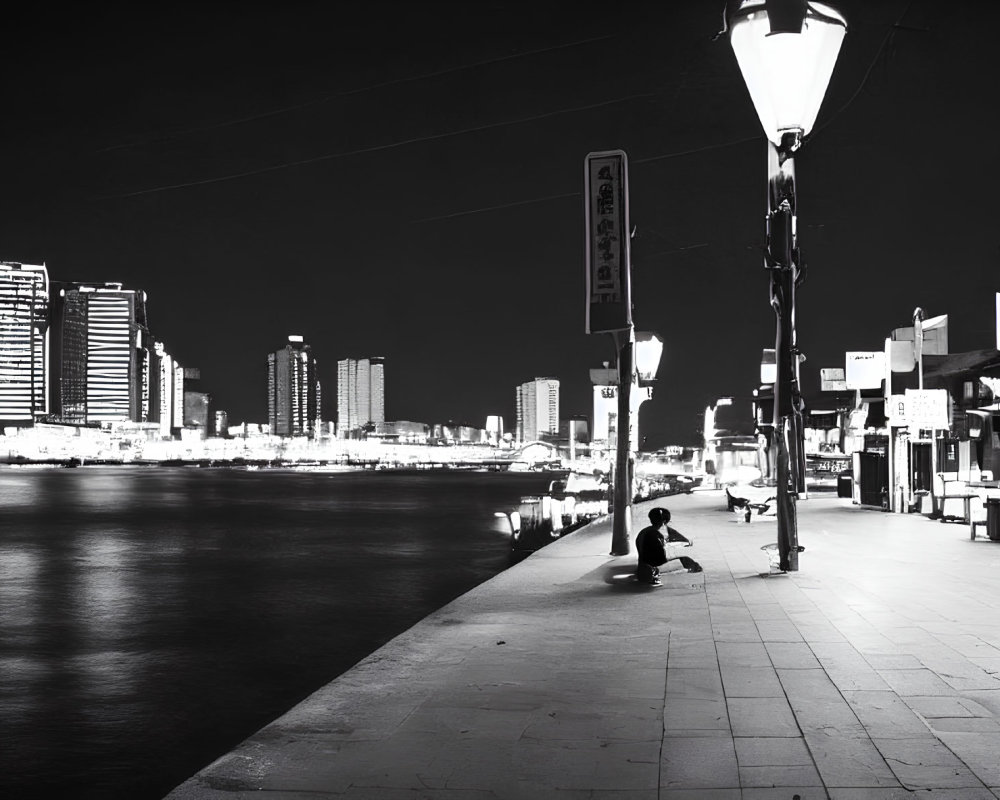 Nighttime Monochrome Cityscape with Illuminated Buildings and Riverfront Promenade