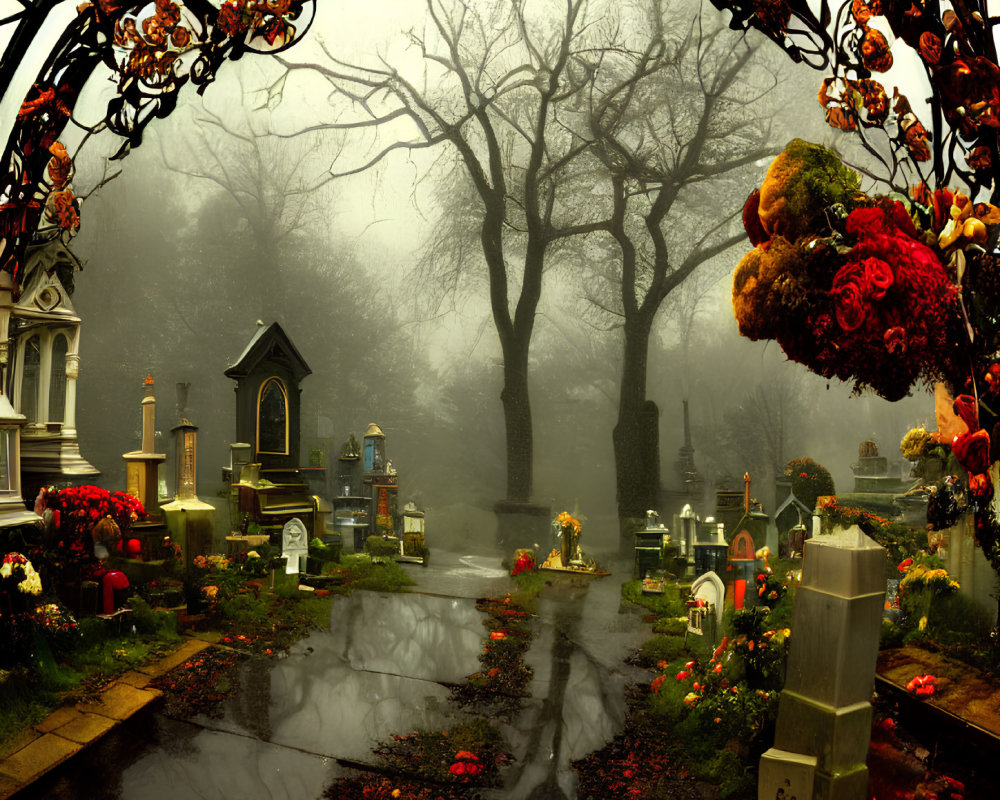 Ethereal graveyard with red roses and towering trees