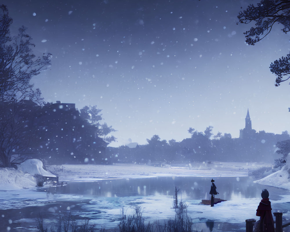 Winter night ice-skating on frozen lake with snow-covered trees & starry sky